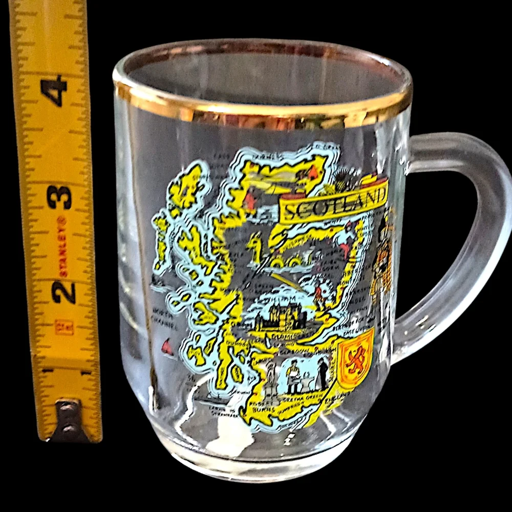 Vtg Scotland Souvenir Glass Mug Cup Gold Trim Transfer Ware‎ Map Highland Arts